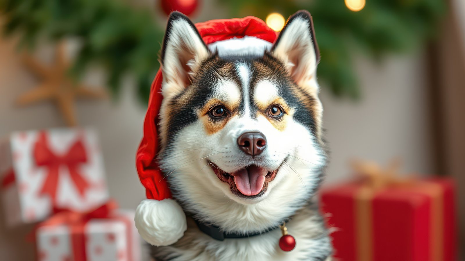 Happy husky wearing Santa hat in festive setting with gifts and holiday decorations